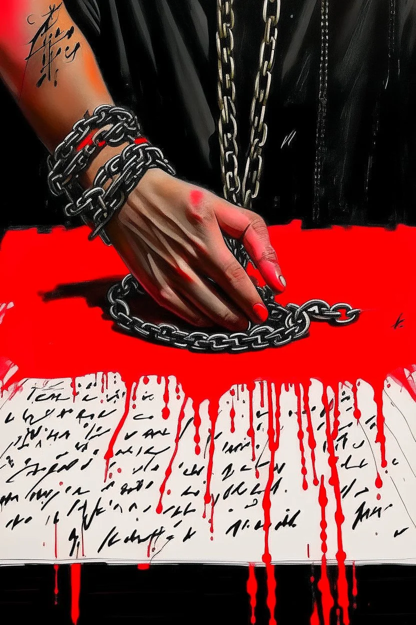 chained hand writing with a red fountain pen, mixed media of acrylic, watercolor, oil, gouache, and ink, by WLOP and Jermy Mann