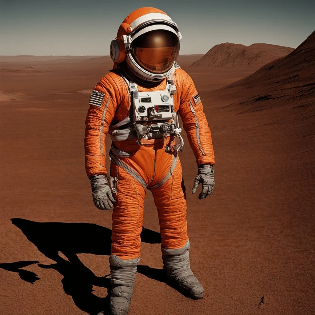 A high-quality photo, a magazine photo, depicts a man standing among the Martian landscape in an orange thin space suit with stripes, he looks into the distance at a beautiful Martian, slightly hilly landscape.