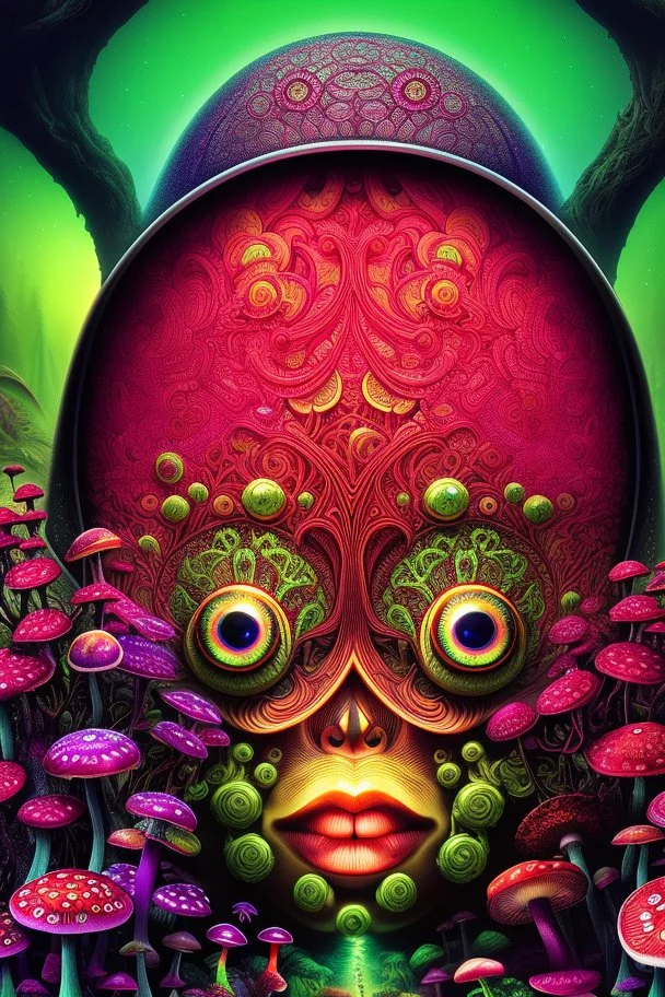 Illustration, Psychedelic art, human eye in a forest full of colourful mushrooms, vivid colours, intricate details, maze, gears, in the style of H.R.Giger, , ultra detailed, photorealistic, top light, 35mm lens, fish-eye