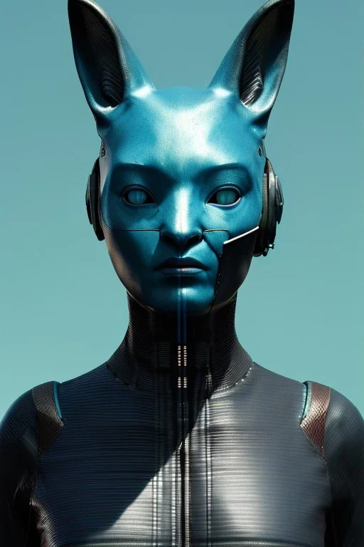 Medium Close Up Portrait, Front image. cyberpunk, rabbit mask, Italian woman, cyan short hair. latex, carbon suit. Cyan, black, blue, color. Akira style. Color background, photo studio. Avatar image, highly detailed, concept art, smooth, unreal engine 5, god rays, ray tracing, RTX, lumen lighting, ultra detail, volumetric lighting, 3d, finely drawn, high definition, high resolution.