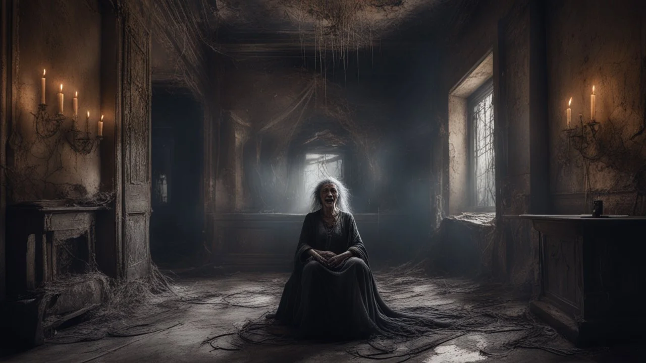 Hyper Realistic photographic-view of Terrifying-Old-witch with creepy-smile flying inside a dark-abandoned Indian-palace-lounge at-night with cobwebs & candles, cracked-walls-&-peeling-paint showing dramatic & cinematic ambiance"