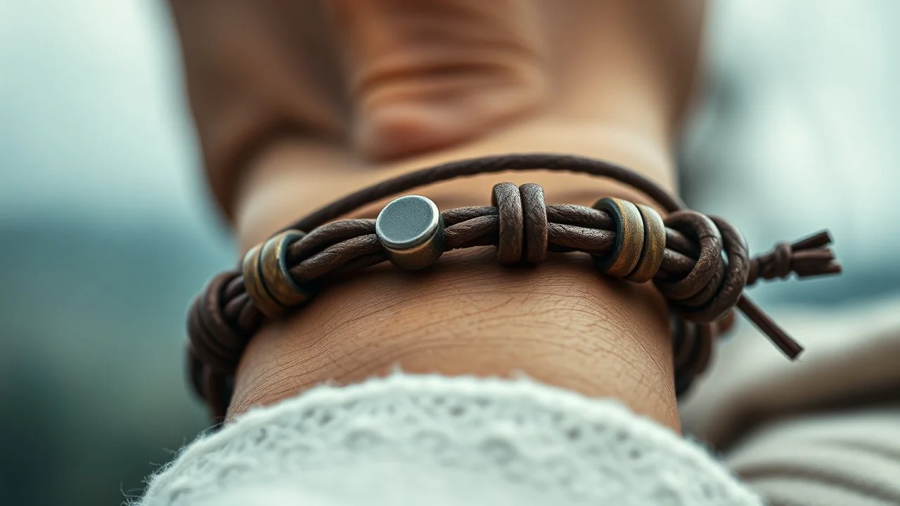 very close-up macro photo of a bracelet made of brown leather and onix on a woman's wrist, detailed, sharp contrasts, realistic, cinematic, blur background