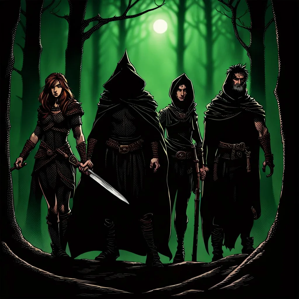 A group of four characters from a fictional book world. A witch, a gladiator, a thief, and an enchanter. The characters are in a dark forest. The characters are shrouded in mystery.