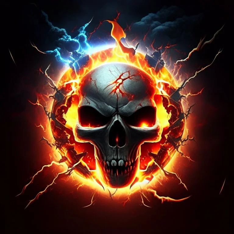 fiery fiery skull inside an ellipse and with lightning around it