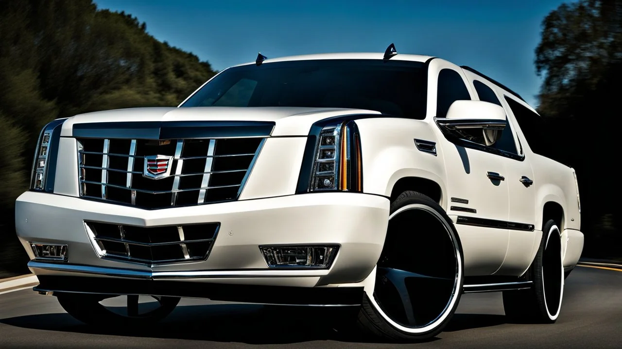 A sleek white shiny (((Customized gangsters lowrider cadillac escalade))), its contours and details perfectly captured in a (((cinematic view))), zipping along a winding road under a beautiful blue black morning sky