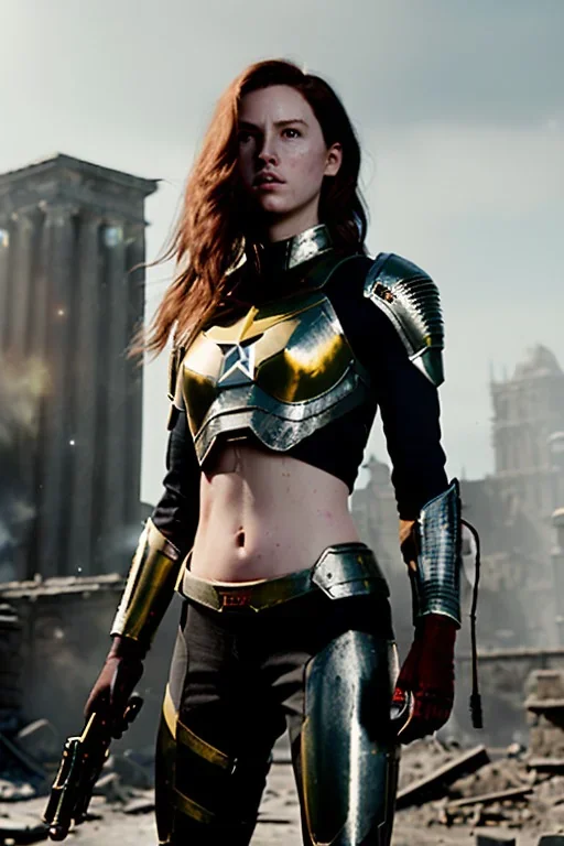 ultrarealistic, ruined city,__skimpy sci-fi armor__, __angles__, 18 year old woman, strikingly beautiful,ginger hair, _colour_, [__starlets__|__starlets__], (pale __skincolor__ skin:1.2), __camera__, _hair_, detailed face and eyes, medium breasts, leather choker, freckles, dynamic pose, resolved expression, __accessory__, strappy outfit, (straps:1.1), sword in scabard on left hip, (buckles, buttons, snaps, rings:1.0), haltertop style breastplate, detailed eyes, plump lips, sci-fi theme