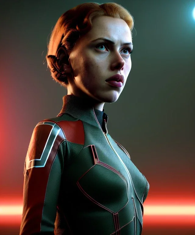 retro sci-fi portrait image from 1960, supermarket parking explosion, fire, classic black widow, young Scarlett Johansson, tight lycra suit, soft color, highly detailed, unreal engine 5, ray tracing, RTX, lumen lighting, ultra detail, volumetric lighting, 3d, finely drawn, high definition, high resolution.