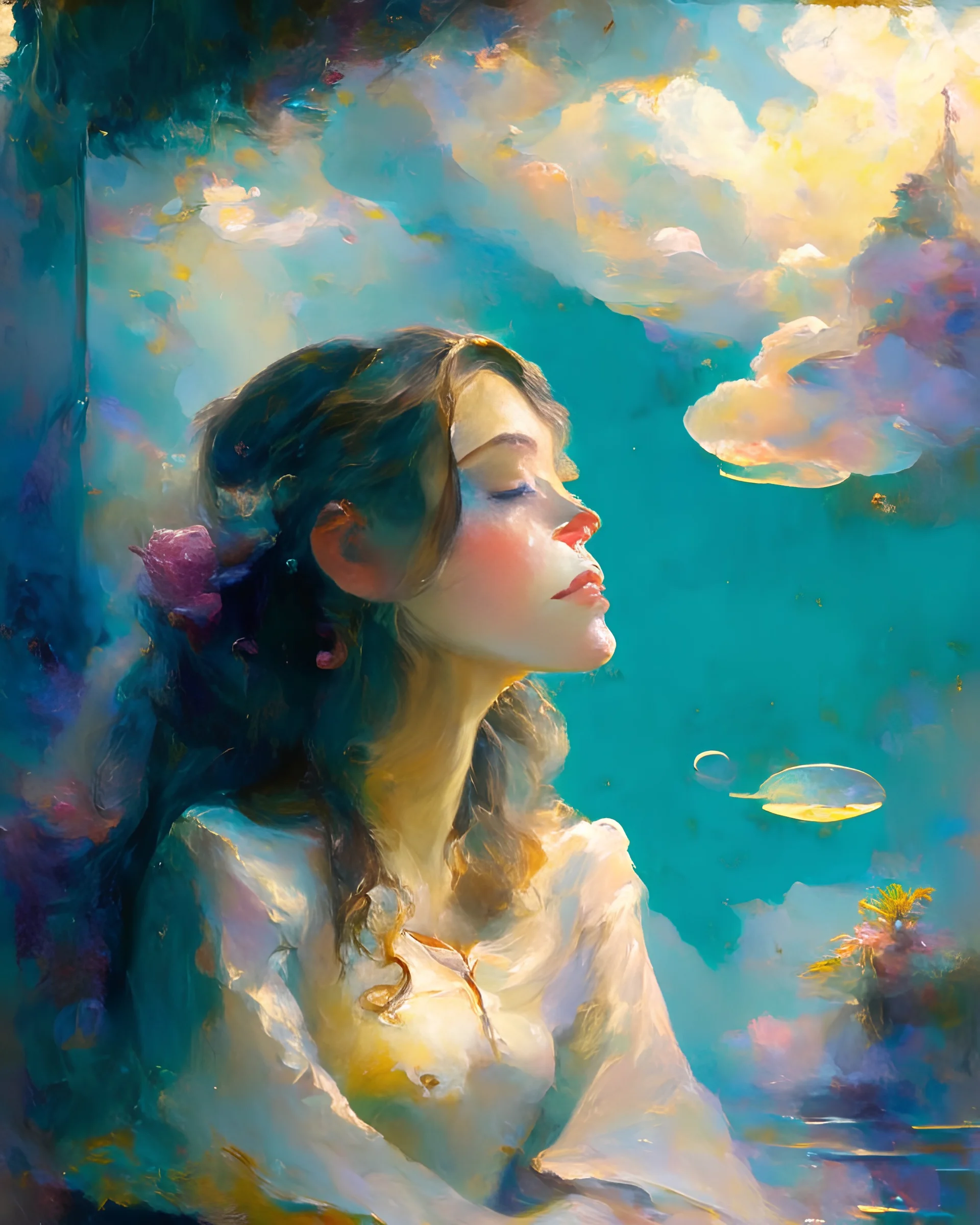 A whimsical portrait of a daydreamer, lost in their thoughts and surrounded by a floating world of vivid, imaginative elements, in the style of impressionism, light color palette, loose brushstrokes, and a hazy atmosphere, influenced by the works of Claude Monet and Vincent van Gogh, inviting the viewer to experience the boundless realm of the imagination.