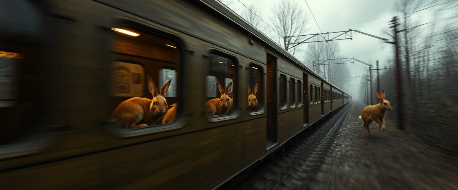 rabbit train in the style of Rembrandt and Fallout 4, with motion blur
