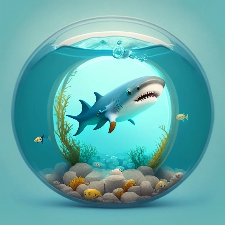 A cute little Shark in a small circular fish tank.