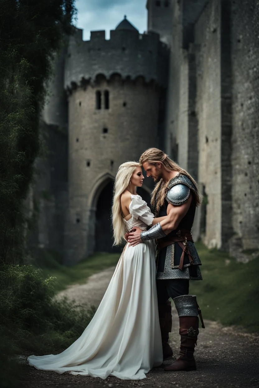 A photo realistic portrait of a stunning blonde girl and muscular long haired viking in a lovers embrace in modern clothing, standing in front of a medieval castle