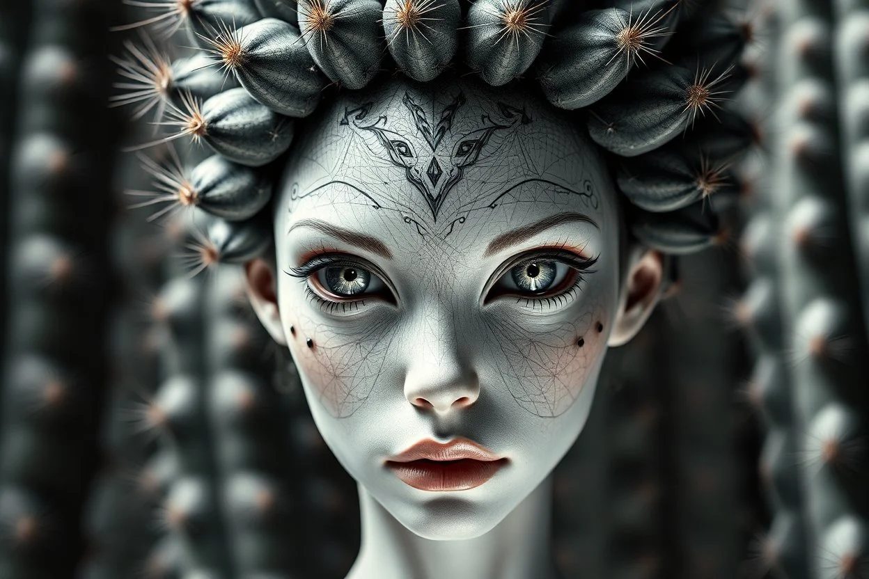 hypercomplex cactus sylph, symmetrical face, detailed face features, sharp eyes, soft skin, by Daniel Merriam, by Albrecht Altdorfer, surreal, abstract, half alien, half woman, cactus growing Modifiers: fantasy intricate very attractive beautiful Unreal Engine hdr cinematic postprocessing pencil sketch black ink Craig Rutkowski more Magic Prompt A surreal fantasy portrait of a hypercomplex cactus sylph with a perfectly symmetrical face, featuring sharp, piercing eyes and impossibly soft skin th