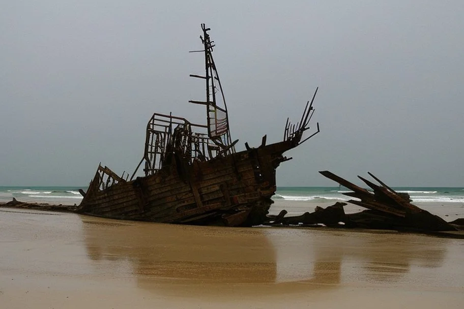 A shipwreck on a beach that has a camp on it