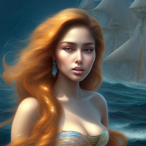 A beautiful portrait of haifa wahbi as a mermaid , leaning on a ships deck ,Rough sea in the background, (digitall art by Eugene de Blaas and Ross Tran, vibrant color scheme, highly detailed, in the style of romanticism, cinematic, artstation best quality, realistic lighting, masterpiece portrait, details light dusting , cowboy shot from above, simple chain hauberk Vector art digital illustration 3D shading )