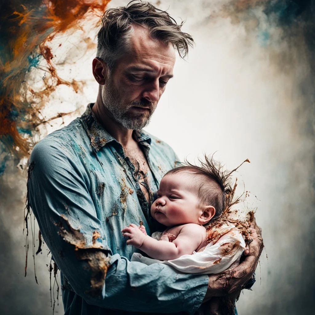 portrait of Father holding newborn son, photography, by Alex Ross and Carne Griffiths, negative space, whimsical, schmaltzy. rich colors