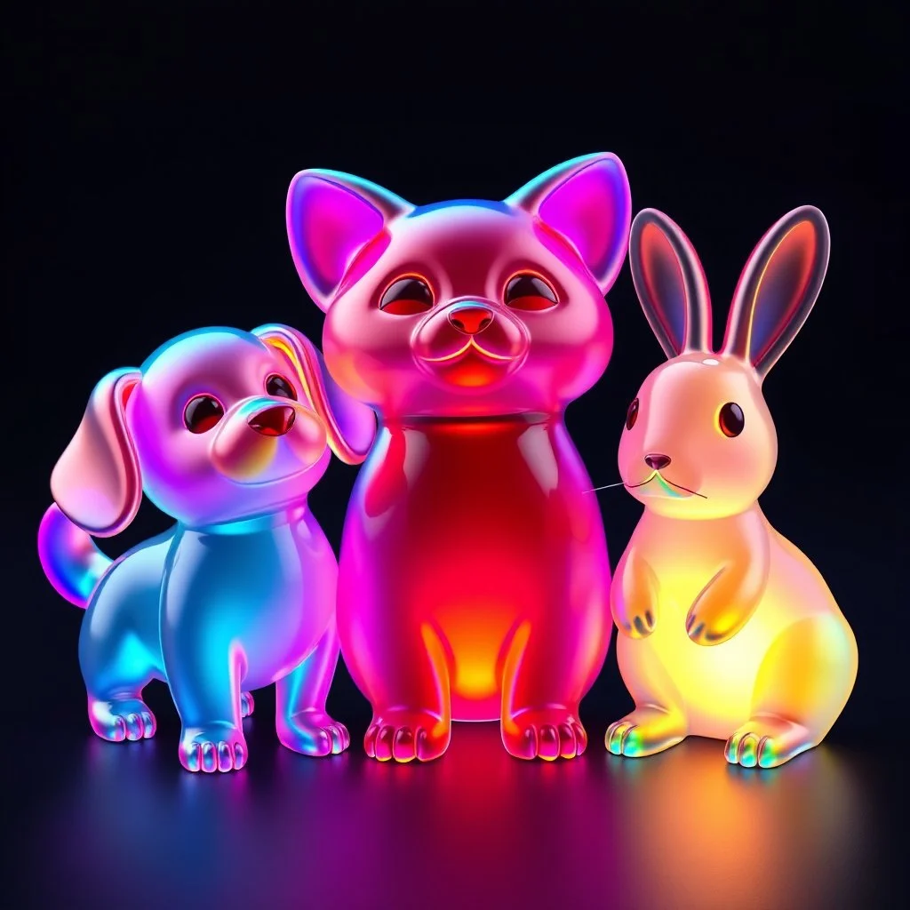 Three colored translucent 3D animals — a small dog, a cat, and a rabbit — standing together in funny poses, each made of glowing glass-like material with vibrant iridescent gradients of cyan, magenta, amber, and violet glowing from within. Subsurface scattering, refractions, and caustics pass light through their transparent bodies, revealing soft inner structures. Cute proportions with rounded forms, floating in a dark void, volumetric lighting, octane render, hyperrealistic, ultra-detailed, 8k,