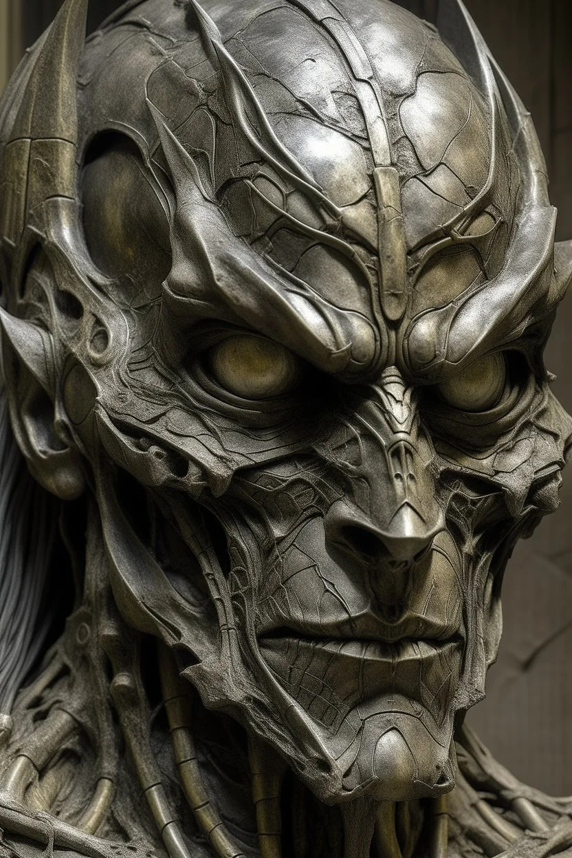 sculpture of Batman face decayed and rotting with grotesque proportions and imagery. abstract grotesqueries, detailed texture, surreal , biomechanical design, by hr giger and beksinski