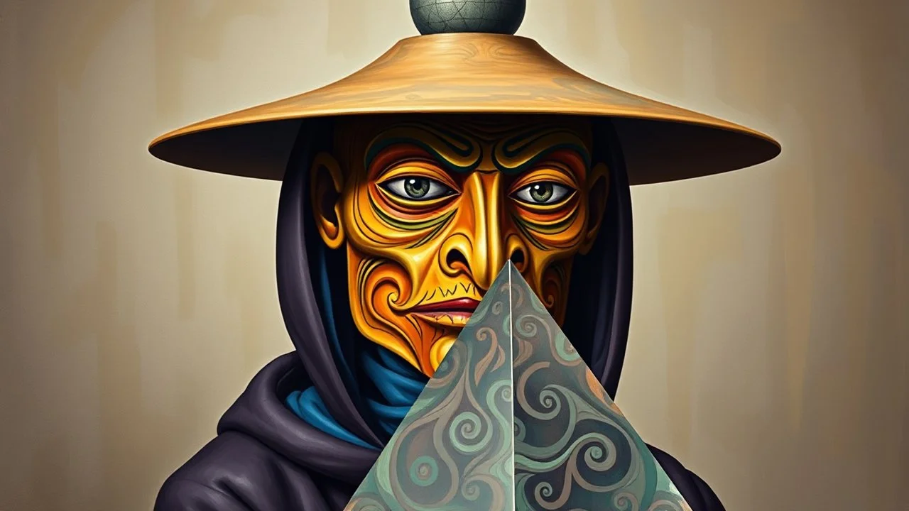 A surreal, cubist portrait of a figure wearing a large, wide-brimmed hat with a spherical object on top. The figure has an exaggerated, mask-like face with large, bulging eyes and a sharp, pointed nose. The face is a vibrant mix of orange, yellow, and green, with intricate, organic lines. The figure is draped in a dark purple, hooded robe with blue fabric visible underneath. In front of the figure, a triangular prism-like object is visible, adorned with swirling, abstract patterns in shades of p