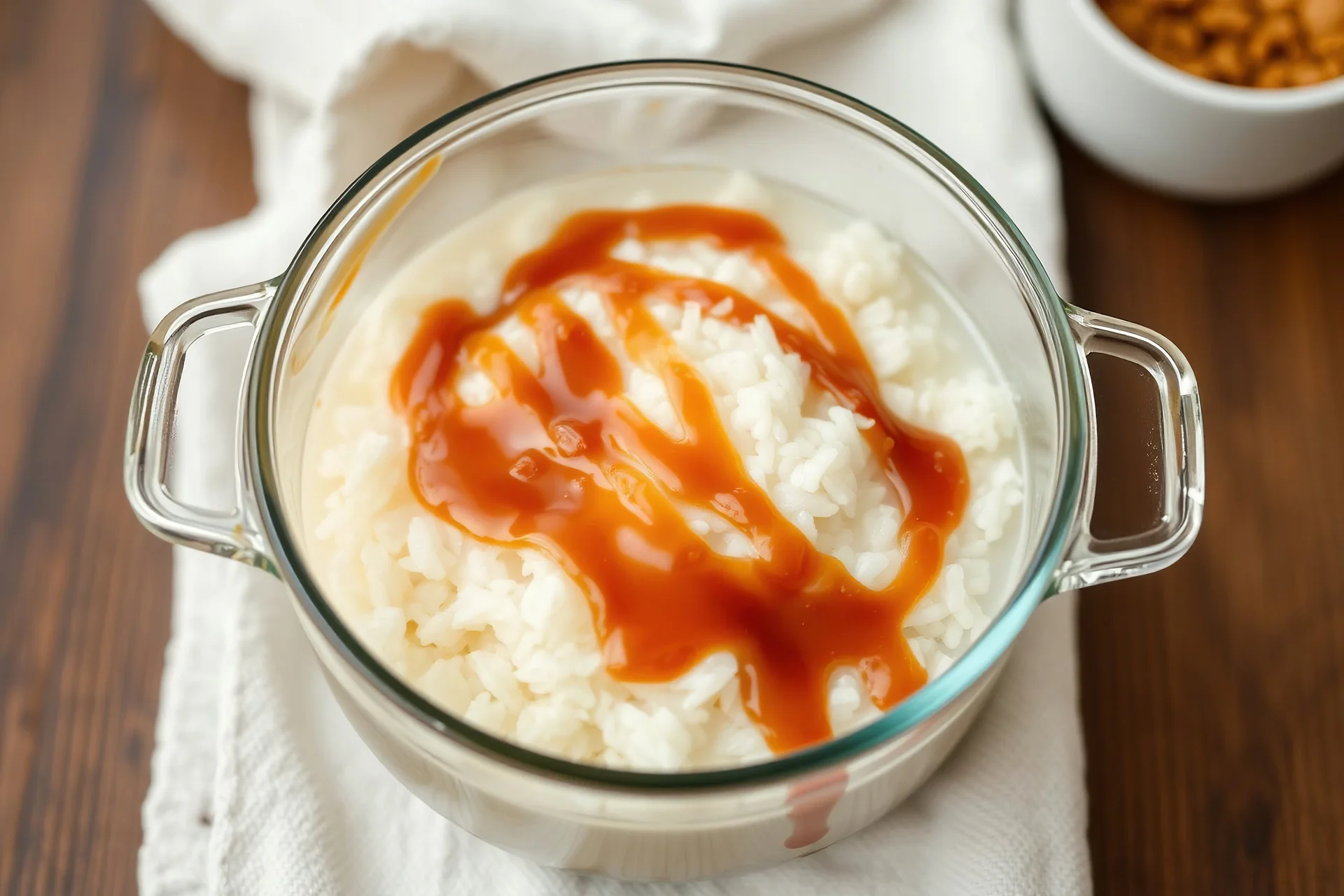 round rice cooked in milk with a caramel sauce in theglass pot