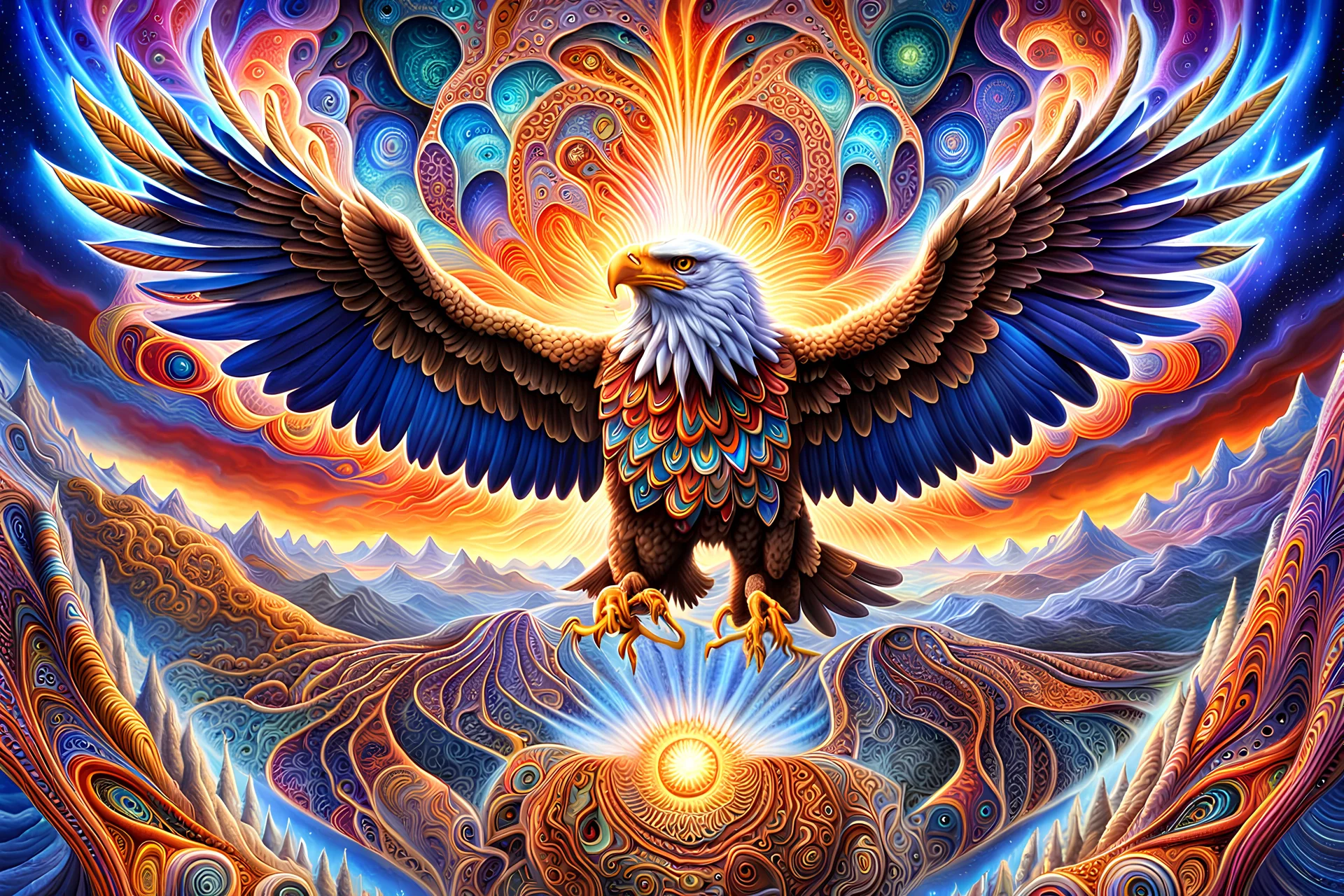 Eagle High Sky Full power Surreal DMT Dimension with vibrant and kaleidoscopic visuals, otherworldly landscapes, intricate geometric patterns, ethereal beings, cosmic energy, glowing fractals, immersive depth of field, cinematic lighting, masterful digital painting by Alex Grey and Android Jones, 8k resolution