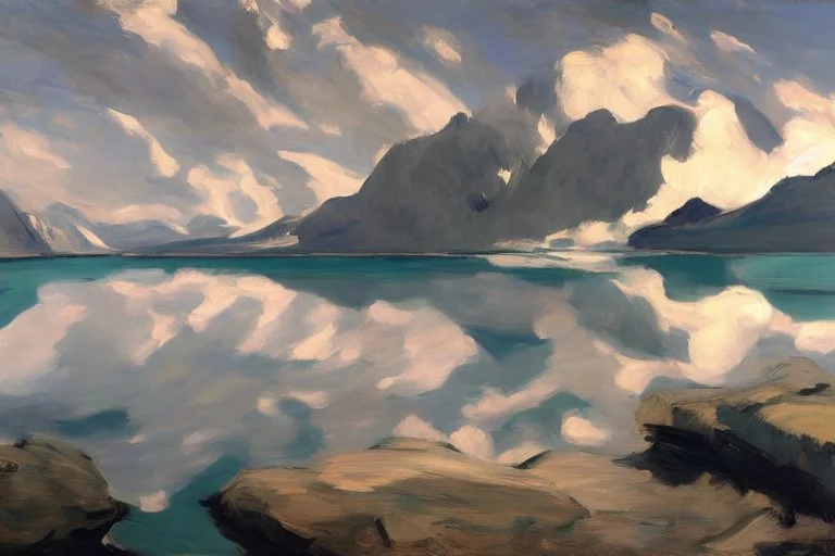 clouds, mountains, lake, lake reflections, rocks, edouard manet and otto pippel painting