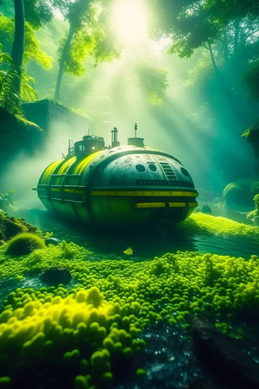 close up on iss space station submarine in the middle of brazilian jungle, crashlanding, depth of field, light rays, mist