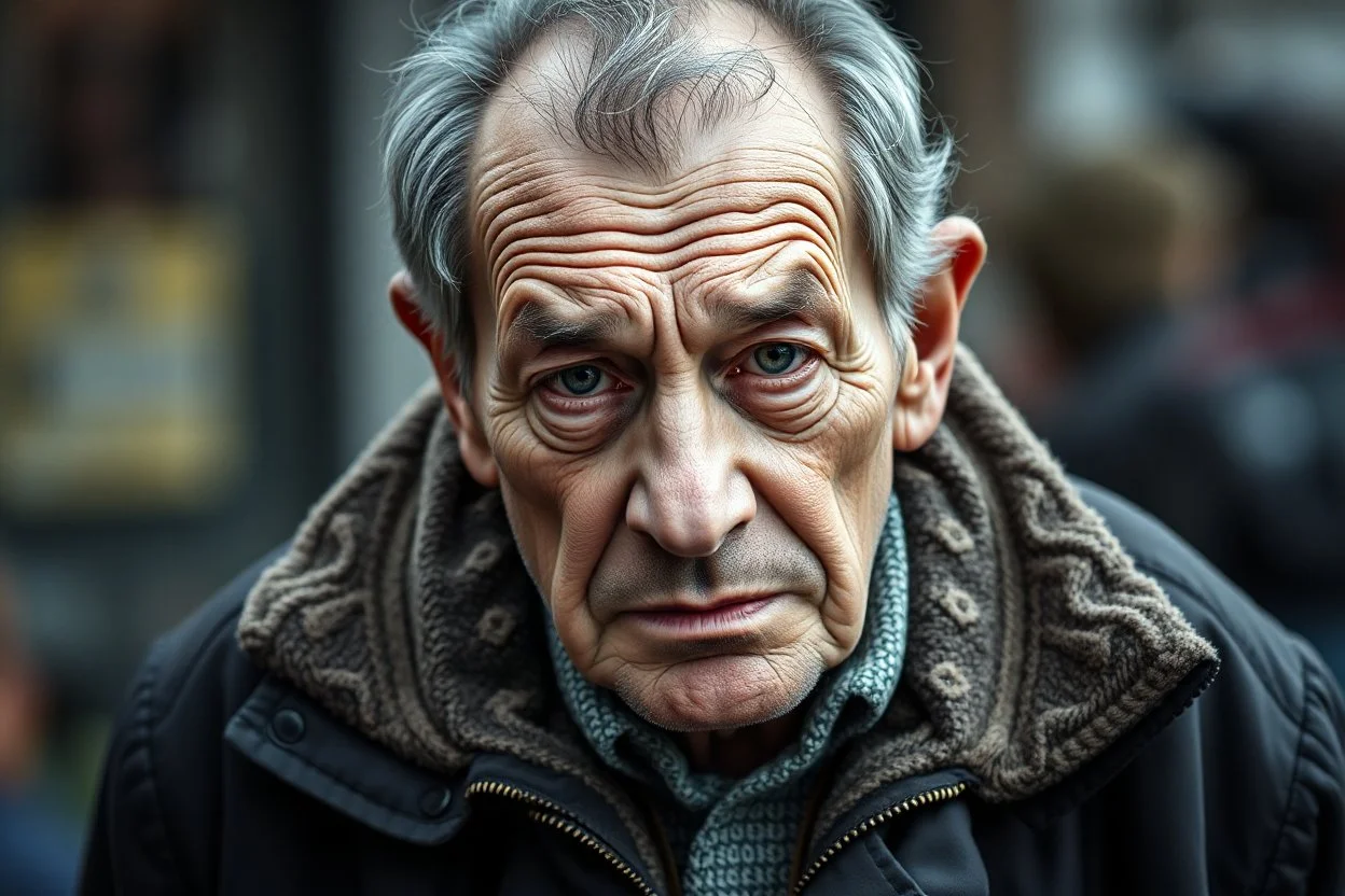 very very ugly man , lot of wrinkles, to much wrinkles, nametag fittnylle on jacket
