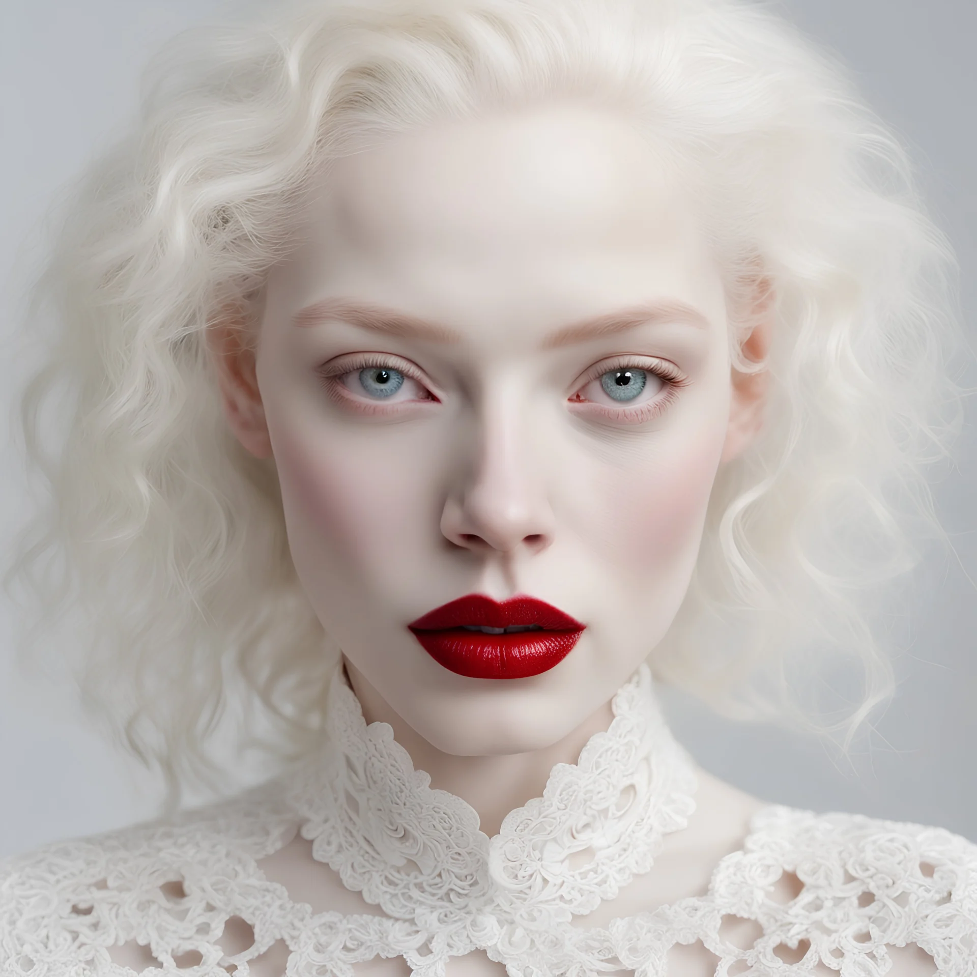 extremely realistic image of an gorgeous albino woman, extremely white skin and hair, white lace clothes, (red lips), light grey eyes, ultra sharp focus, white background, studio photography by MSchiffer