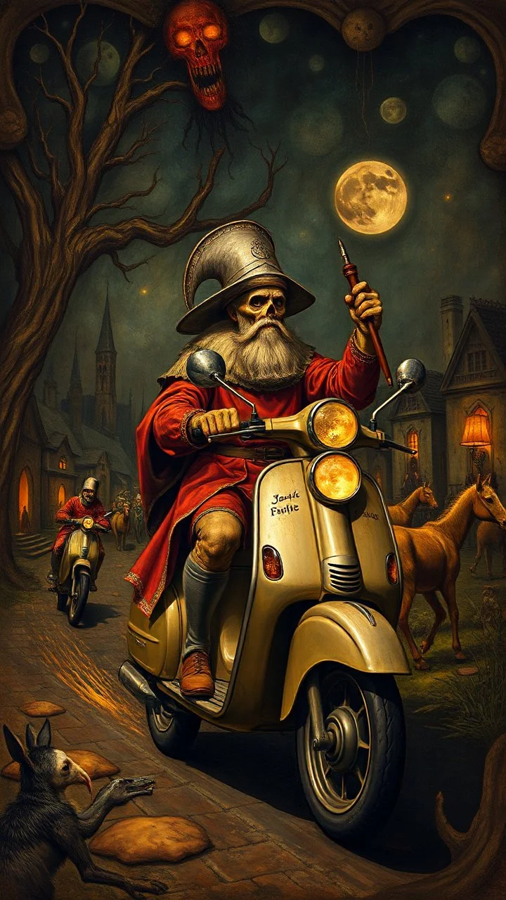 Hieronymus Bosch style nightmares , Don Quixote on scooter