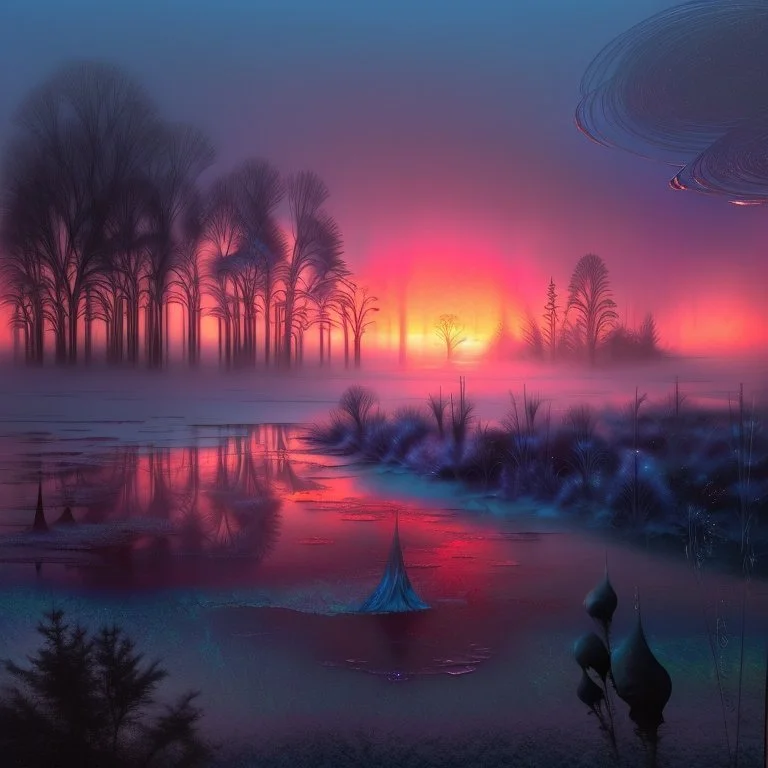 Grunge textured abstract impasto mixed media painting with dripping paint, fantastical otherworldly frozen winterscape with iridescent metallic colors, silver lines, style Amanda Clarke, Andy Kehoe, Feininger, Klimt, Klee. Reflective frozen pond, surrounded by whimsical, filigree, impressive frosted trees standing tall between extraordinary storybook houses; tendrils, grasses, cattails. Dramatic sky with stormy clouds. with mercury glass patina, glowing golden sparks, vibrant iridescent colours,