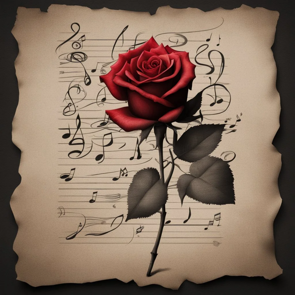 Hyper realistic sketch of a small red rose & musical notes on a vintage paper on side with dark background