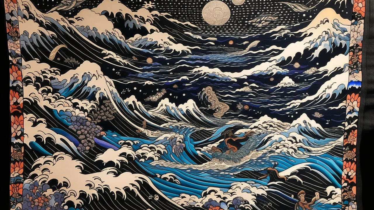 A purplish black cosmic dimension with demented canvas designed in Navajo woven art painted by Katsushika Hokusai