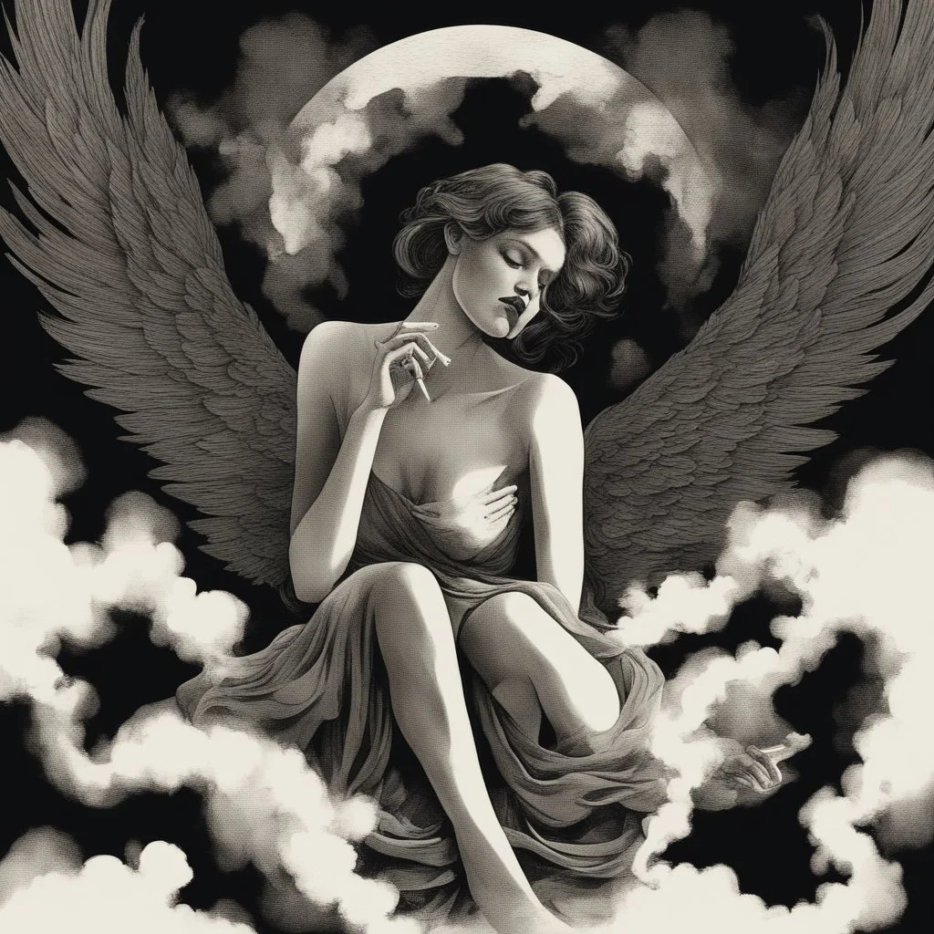 woman sitting forward Her face upward and blows cigarette smoke from their mouth upward. a figure with wings emerging from its back. behind the clouds of smoke look death. dark and mysterious