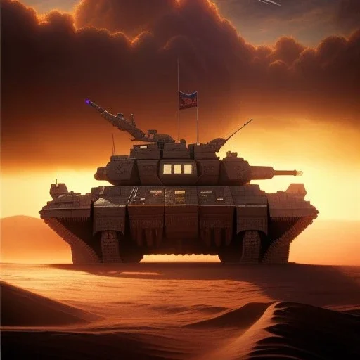 volumetric dramatic desert Battle scene with futuristic hovering military armored Hovercraft tank painted by chris foss, floating, 4k, 8k, Minutiae, highly detailed, rivets, pennant, hovering, stripes, sunset [duststorm, nimbus clouds]