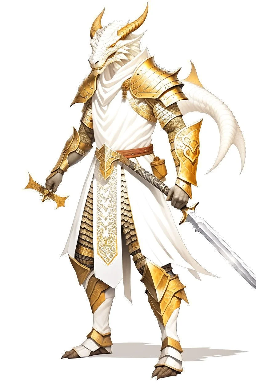 Full Body, White Dragonborn, Monk Knight, Fighter Pose, White and Gold outfit colour theme