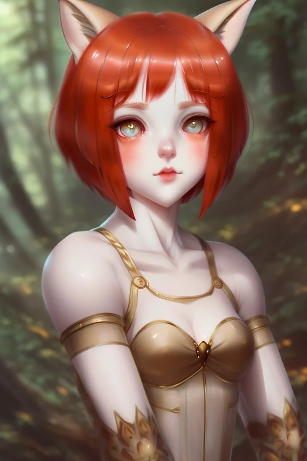 A young female with very short red hair, gold eyes, large fox ears, slight smile, pale skin