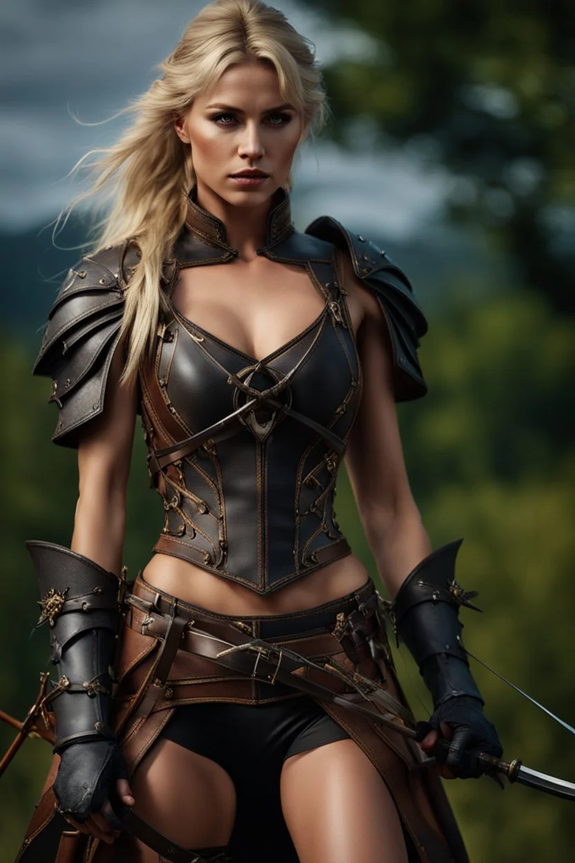 blonde female hunter with a bow wearing leather half armour dark fantasy Realistic 4k