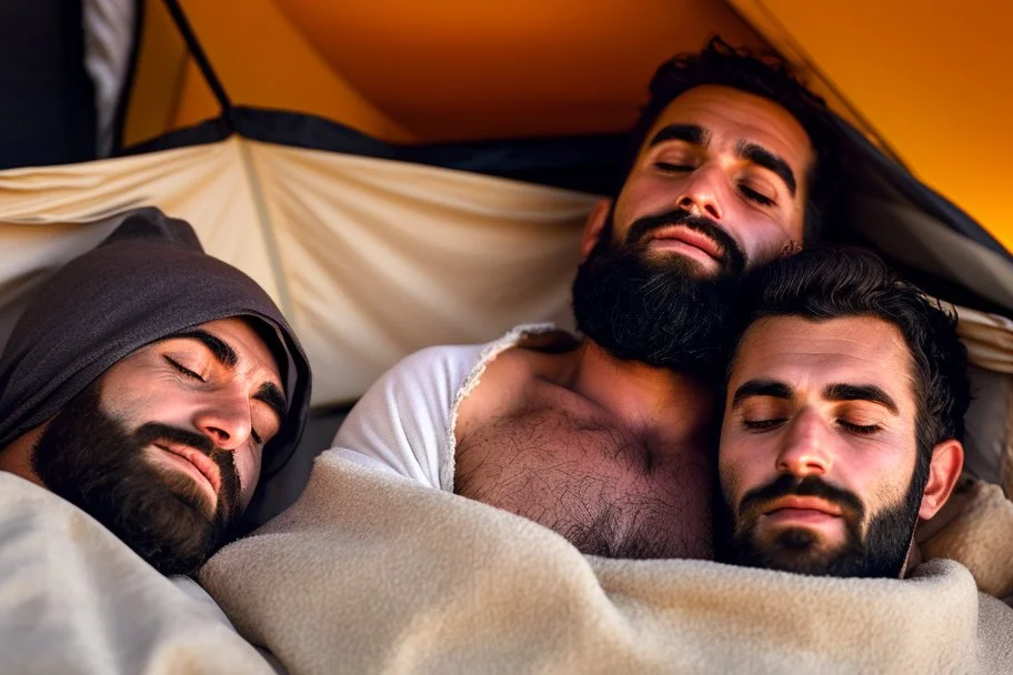 close up photography of two men ugly liying down sleeping in the night inside a camping tent, bearded ugly burly 30-year-old rough beefy bullneck arab tourist guides wearing traditional clothes, bulge, manly chest, photorealistic, midnight, lit by bonfire, ambient occlusion, top view, in the desert