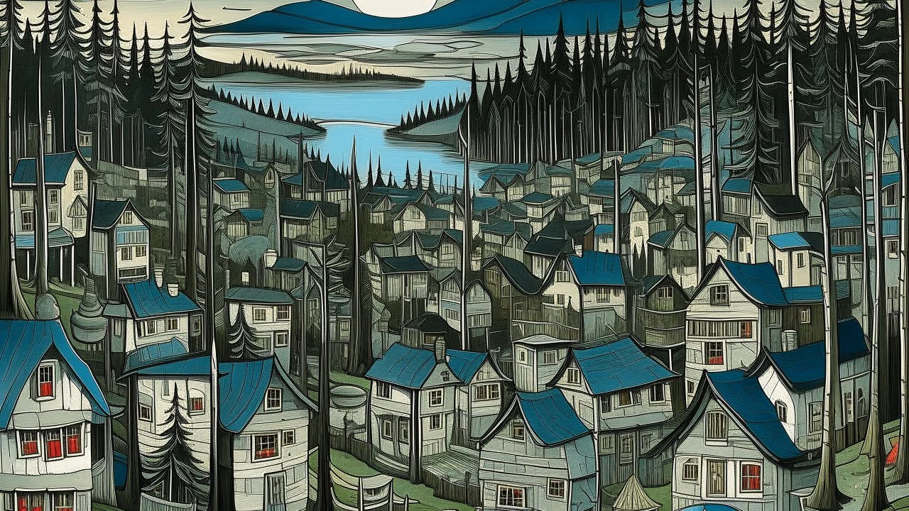 A gray shadowy village in twilight designed in pacific Northwest totem poles painted by Pieter Bruegel the Elder