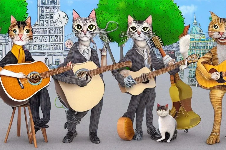 Group of three mature cats musicians, one cat playing guitar, one cat playing drums, one cat holding microphone and singing, street, Vienna, smiling, sunny day, model style, hyper realistic, extremely accurate, delicate, extremely detailed, Graphic novel style, wide-angle, open aperture, superfine pencil