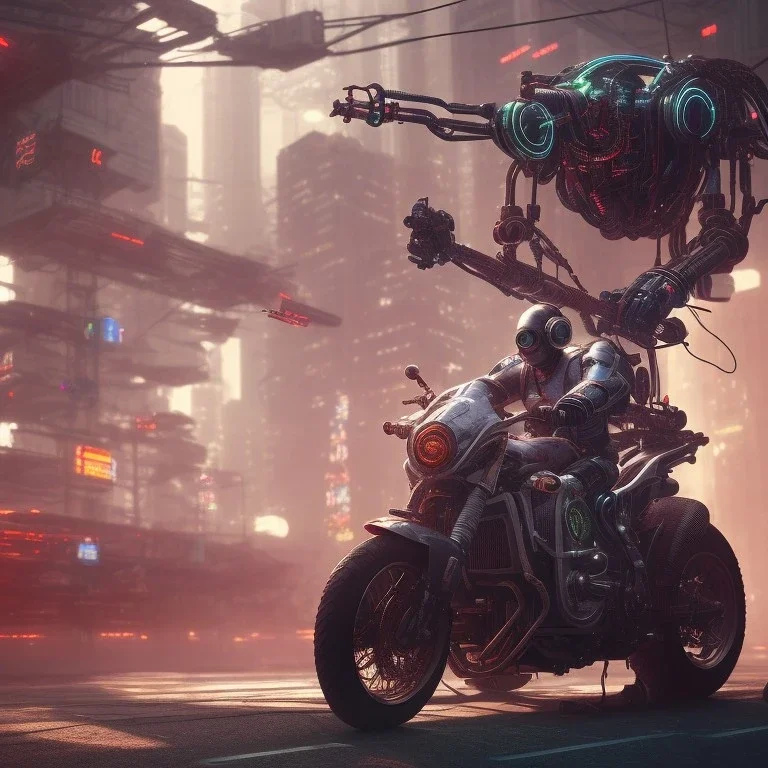 cyberpunk far way man in kaneda bike,robotic arm, highly detailed global illumination, detailed and intricate environment, octane