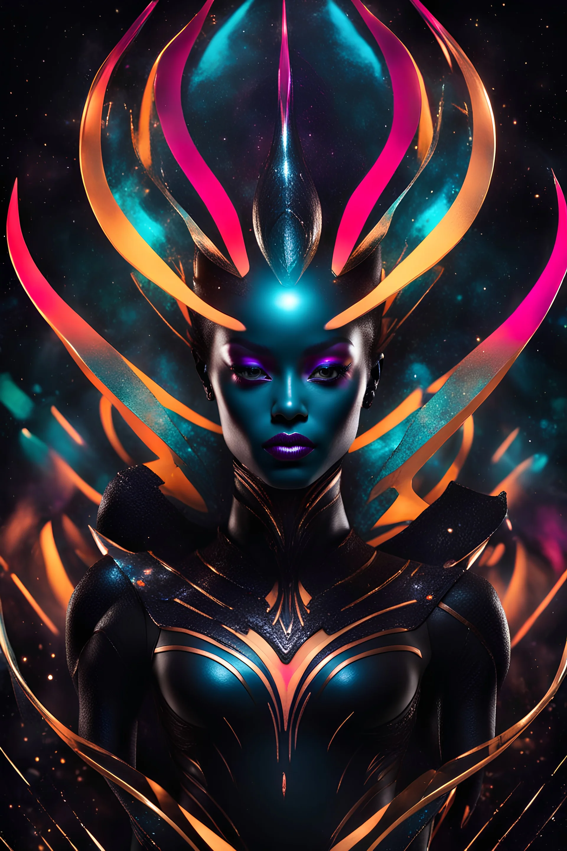 beautiful woman model with make up Cosmic Extraterrestrial, Futuristic alien face with metallic accents and otherworldly colors.., tema halloween, background black