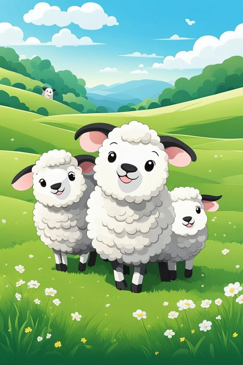 create an image with 4 cute sheep with the typography, happy face "sheep of faith", 2d, cartoon style, chibbi, kawai, a green field and blue sky in the background