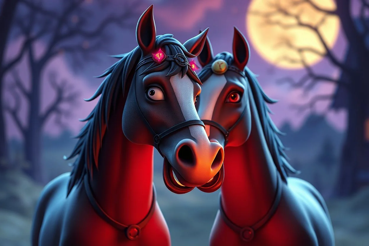 satanic horse whisperer whispering horses so they go crazy, in the style of Pixar, expertly crafted in a whimsical and vibrant cartoon style. is masterfully rendered in a lifelike 3D design, which captivates viewers with there irresistible charm.