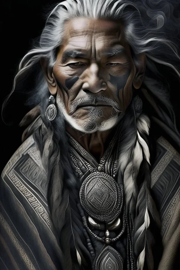 a photo of an Aztec man with ethnic jewelry, grey hair and grey flowing robe, in style of Annie Leibovitz, contemporary portrait of a mature yet beautiful and modernist man, black and grey, detailed masculine face, swirling fluid smokey enigma, award-winning artwork