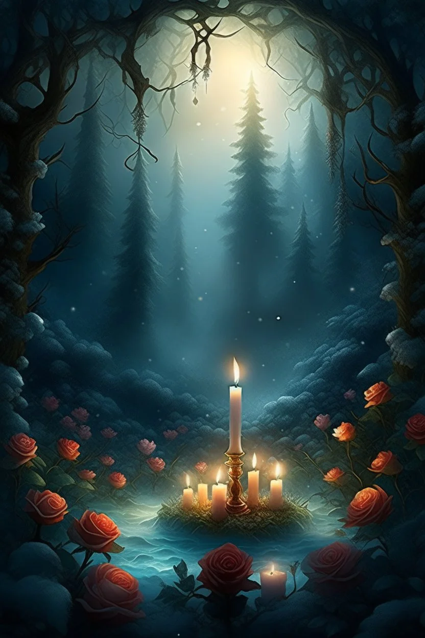 CANDLES ARE BURNING IN A WONDERFUL CLEARING IN A MAGICAL FOREST, THE NIGHT IS FULL MOON, SNOW, MAGIC Watercolor, double Chinese rose bush, ultra-detailed, morning, rain, greenery, beautiful landscape, fog, many details, delicate sensuality, realistic, high quality, 3d, work of art, hyperdetalization, filigree, foggy haze background, hyperrealism, professional, transparent, delicate pastel tones, back lighting, contrast, fantastic, unreal, translucent, glowing, clear lines, epic fabulous, fab