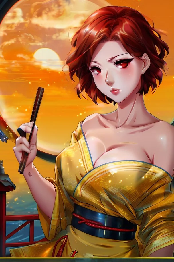 (Asian), short hair, fiery red hair hair, normal hands yukata, yellow clothes, 8k, best quality, winking, very dark night time, lighting from moon yellow moon, perfect, masterpiece, anime style, cartoon style,