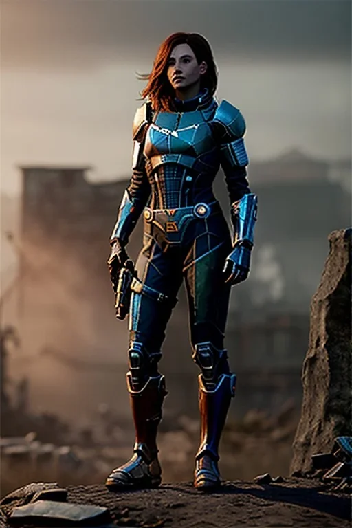 ultrarealistic, ruined city,__mass effect armor__, __angles__, 12 year old woman, strikingly beautiful, ginger hair, silver colour, [__starlets__|__starlets__], (pale __skincolor__ skin:1.2), __camera__, _hair_, detailed face and eyes, medium breasts, leather choker, freckles, dynamic pose, resolved expression, __accessory__, strappy outfit, (straps:1.1), sword in scabard on left hip, (buckles, buttons, snaps, rings:1.0), haltertop style breastplate, detailed eyes, plump lips, sci-fi theme