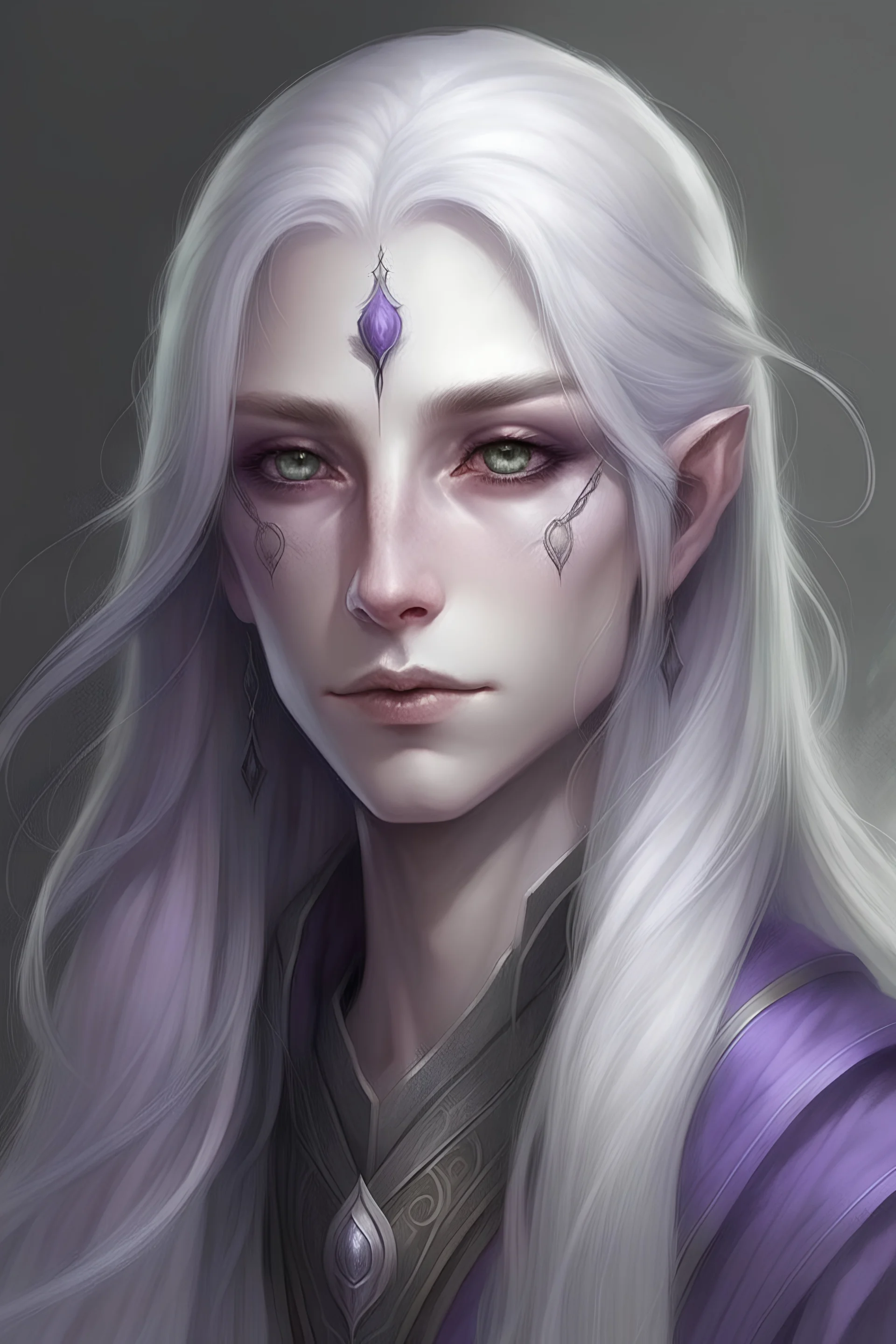 portrait of a pale elf woman with long grey hair and amethyst eyes
