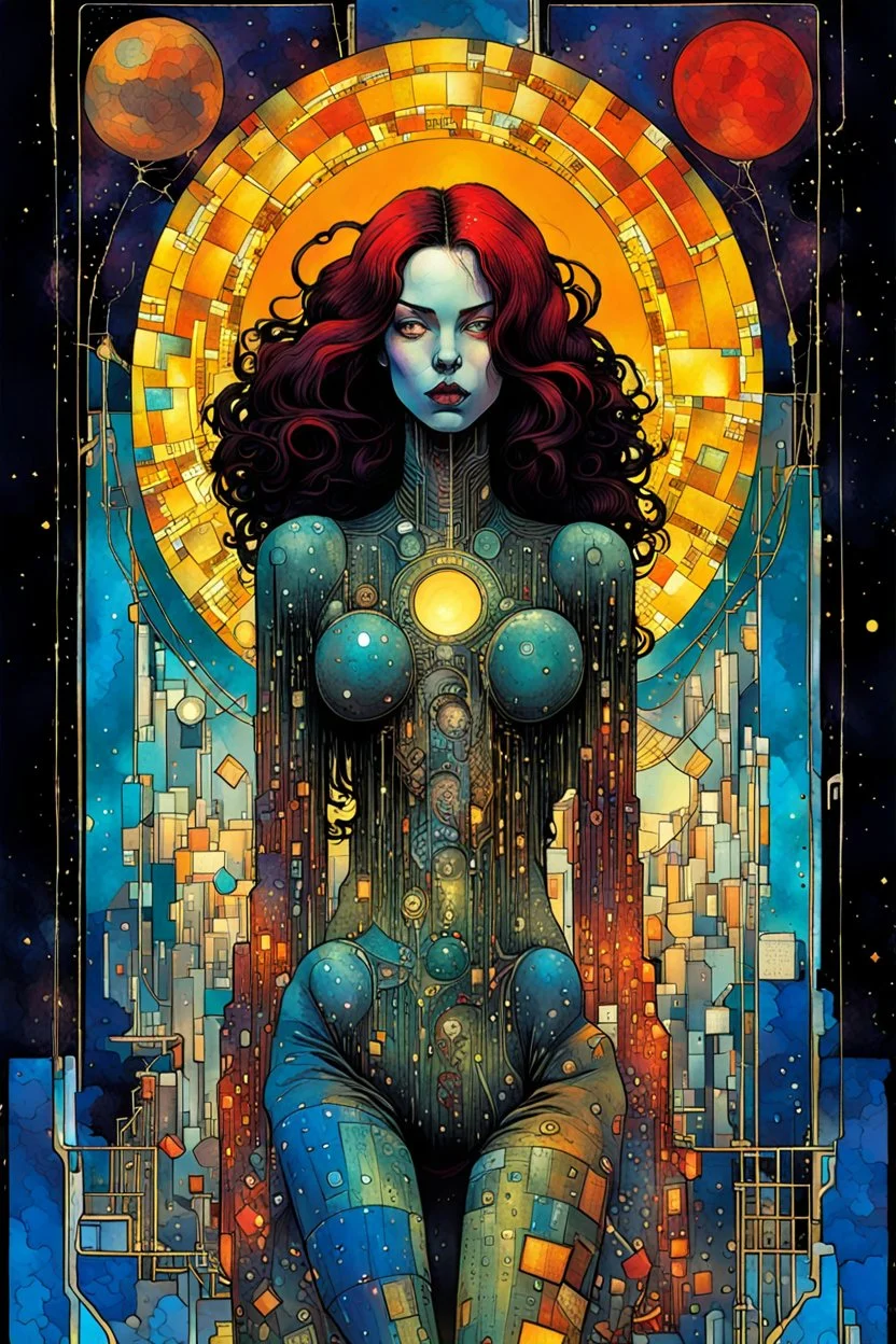 Create chaotic abstract cubist Tarot Card depicting a full body post apocalyptic, Gothpunk Lilith , with highly detailed facial features, in the style of Bill Sienkiewicz, Philippe Druillet, Gustav Klimt, and Jean Giraud Moebius, precisely drawn, colored and inked